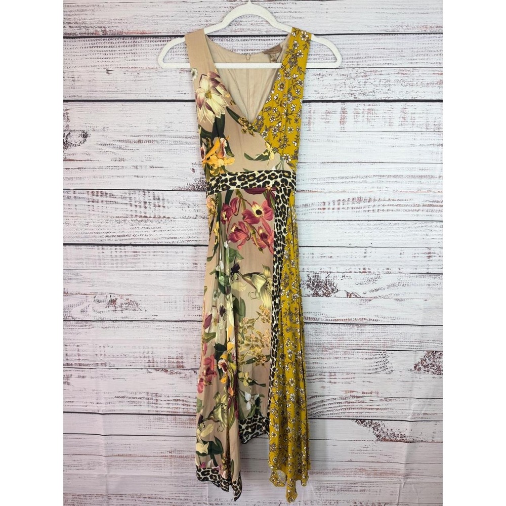 Anthropologie Sophia Wrap Maxi Dress – Silk Blend Floral Patchwork Leopard